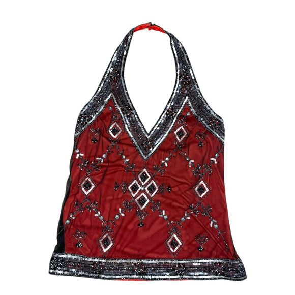 SCALA Women’s Large Beaded Halter Top Red Black Embellished Embroidered RARE - Picture 1 of 8